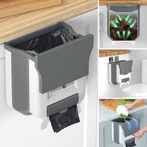 HI NINGER Small Trash Can with Lid for Counter Top or Under Sink,Kitchen Compost Bin,Hanging Trash can,Foldable Kitchen Trash can 2.4 Gallon for Cabinet/Car Trash Can with Lid/RV/Bathroom/Camping