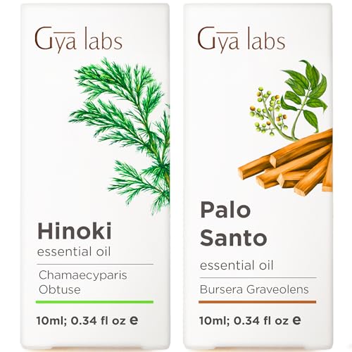 Hinoki Essential Oil for Skin & Palo Santo Essential Oil for Diffuser Set - 100% Natural Therapeutic Grade Essential Oils Set - 2x0.34 fl oz - Gya Labs