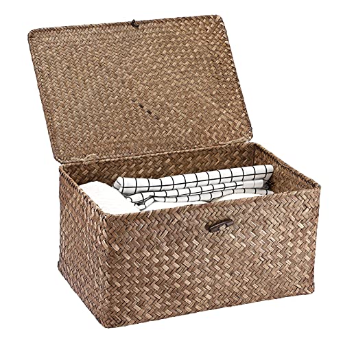 Hipiwe Wicker Shelf Baskets Bin with Lid, Handwoven Seagrass Basket Storage Bins Rectangular Household Basket Boxes for Shelf Wardrobe Home Organizer, Coffee Large