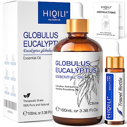 HIQILI Eucalyptus Essential Oil - Pure Natural Eucalyptus Oil for Diffuser, Humidifier, Aromatherapy, and Skin Care - 3.38 Fl. Oz