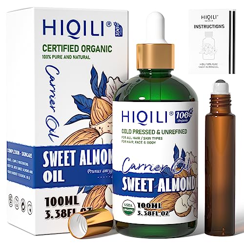 HIQILI Sweet Almond Oil - Pure and Natural Carrier Oil for Hair, Skin, Body - 3.38 Fl. Oz