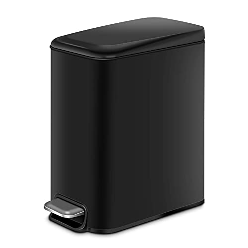 H+LUX Slim Small Bathroom Trash Can with Lid Soft Close,Black Small Trash can for Bathroom Bedroom Office with Removable Inner Wastebasket, Rectangular Foot Pedal Trash Bin, 5L/1.3Gal