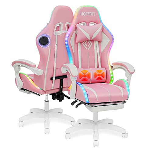 HOFFREE Pink Gaming Chair with Bluetooth Speakers and LED RGB Lights