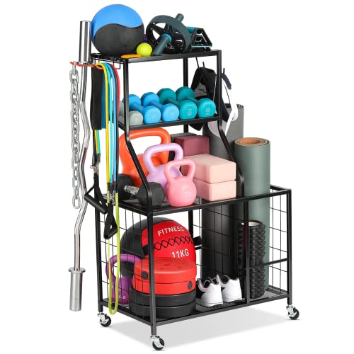 Home Gym Storage Rack with Wheels and Hooks