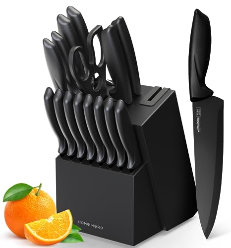 Home Hero Kitchen Knife Set, Chef Knife & Kitchen Sashimi Knives - Ultra-Sharp High Carbon Stainless Steel Knives with Ergonomic Handles (16 Pcs - Black)
