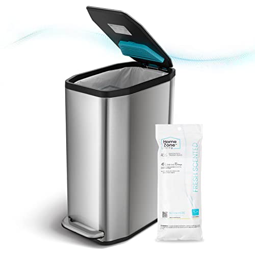 Home Zone Living 13 Gallon Slim Kitchen Trash Can with CleanAura Odor Control Pod, Stainless Steel, 50 Liters, Silver