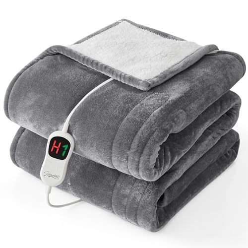 HomeMate Heated Electric Blanket Queen Size - 84"x90" Heating Bed Blanket Throw with 10 Heating Levels 8 Hours Auto Off Fast Heating Over-Heat Protection Ultra Soft Flannel ETL Certified, Grey