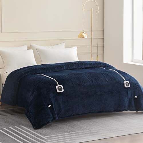 HOMLYNS Electric Blanket Queen Size Dual Control, Heated Blanket with 1-12H Timer Auto-Off & 10 Heating Levels, Fast Heating Blanket Machine Washable, Home Office Use ETL Certified, Navy (84x90)