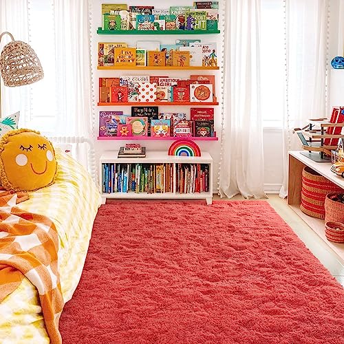 HOMORE Luxury Fluffy Area Rug Modern Shag Rugs for Bedroom Living Room, Super Soft and Comfy Carpet, Cute Carpets for Kids Nursery Girls Home, 4x6 Feet Coral