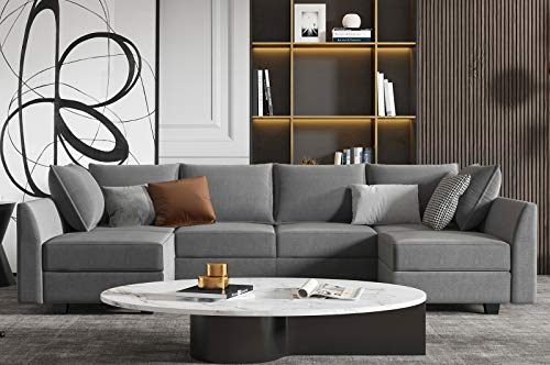 HONBAY Modular Sectional Couch U Shaped Modular Sofa with Storage Seat Convertible Modular Sectional Sofa Set with Wide Chaises, Grey