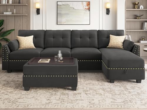 HONBAY Velvet Convertible Sectional Sofa Couch Set