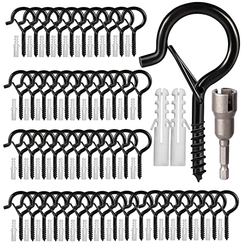 Hooks for Outdoor String Lights, 52 Pack Screw Hooks for Hanging Plants Led Party Lights Garage Wind Chimes, Black Heavy Duty Q Hanger Ceiling Cup Hooks with Safety Buckle, Box and Wing Nut Driver