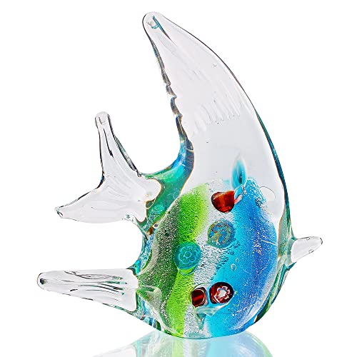 Hophen Murano Angel Fish Art Glass Blown Handmade Sea Animal Figurine Sculpture Home Decor Collectible Statue Paper Weight Gift Ornament (Small Green)