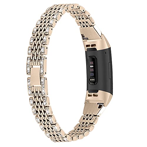 Hopply Metal Replacement Bands for Fitbit Charge 3/Charge 4 - Bling Rhinestone Strap