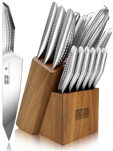 HOSHANHO Kitchen Knife Set with Block, 16-Piece Sharp Japanese Stainless Steel Chef Knife Set, Professional Knife Block Set with Sharpener