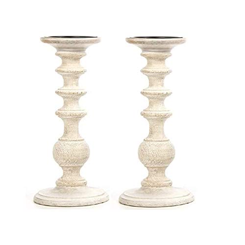 Hosley Set of 2 White Wooden Pillar Candle Holder 11 Inch High Country Style Ideal for Weddings or Parties as Well as Home Decor