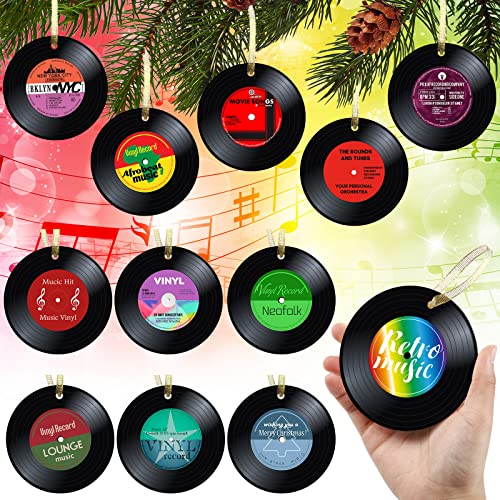 Hotop 48 Pcs Music Records Christmas Ornaments Paper Retro Record Ornament Musical Christmas Tree Ornaments Paper Xmas Golden