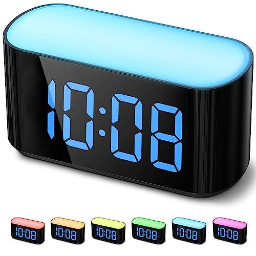 HOUSBAY Digital Alarm Clock for Bedrooms - Large Display Easy to Read Across The Room, 7 Larger Color Night Light, Dual Alarm, Dimmer, True Battery Backup, Adjustable Volume（Blue）