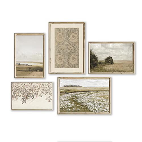 Htruisen Farmhouse Wall Decor Aesthetic Vintage Wall Art Prints Botanical Canvas Wall Art for Bedroom Living Room Vintage Posters Nature Wilderness Flower Sea Pictures - Set of 5, UNFRAMED (Grassland)