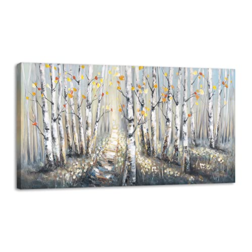 HUIMEI Birch Tree Wall Art: Abstract Birch Tree Art Pictures Canvas Prints with Handpainted Gold Foils Large Wall Art for Living Room Tree Paintings Canvas Wall Art Size 24 x 48 inches