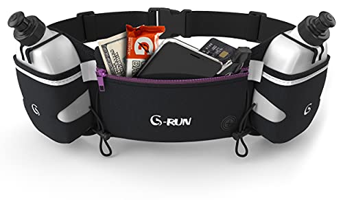 Hydration Running Belt with Bottles - Water Belts for Woman and Men - iPhone Belt for Any Phone Size - Fuel Marathon Waist Pouch for Runners - Jogging Cycling Biking Purple