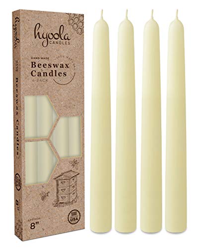 Hyoola 8" Beeswax Taper Candles - 8 Hour Burn Time - White Beeswax Candles - 4 Pack