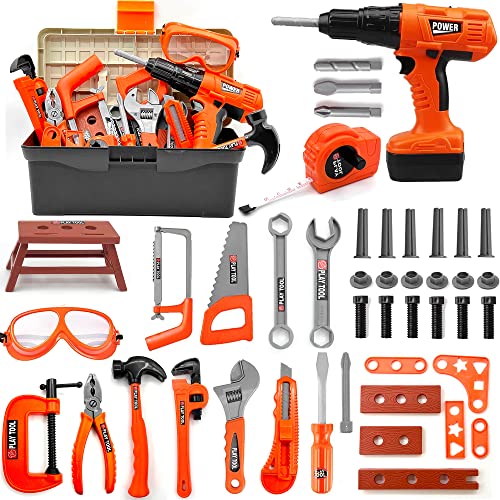 HYRENEE Kids Tool Set - 48 Piece Toddler Tool Set with Electronic Toy Drill & Tool Box