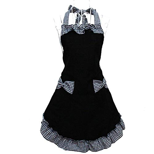 Hyzrz Cute Retro Lovely Vintage Ladies Kitchen Flirty Vintage Aprons for Women Girls with Pockets for Mothers Day Gift (Black)