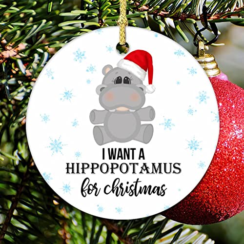 I Want A Hippopotamus for Christmas Ceramic Christmas Ornament Keepsake Round Commemorative Ornament 3 inch Santa Hat Pendant Holiday Decor Gift for Xmas Tree Decoration, White-style