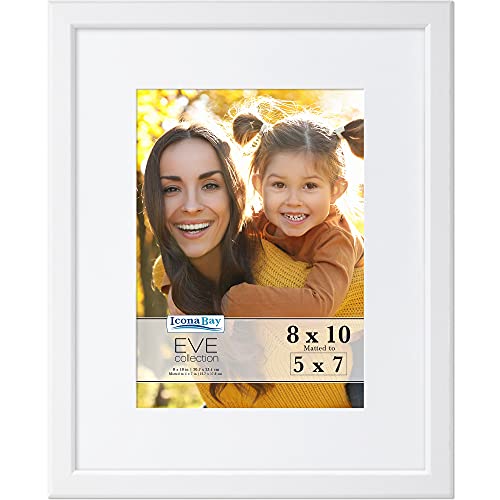 Icona Bay 8x10 White Picture Frame w/Removable Mat to 5x7, Modern Double-Beveled Frame, Tabletop or Wall Mount, Eve Collection