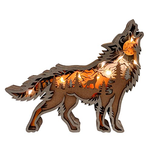 iDOTODO Wolf and Mountains Wooden Carved Ornament with Lights