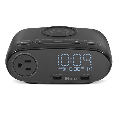 iHome Alarm Clock with Wireless Charger, 2 USB Charging Ports, and AC Outlet, Charging Station for Bedroom, Office, or Dorm (HW6B- Black)
