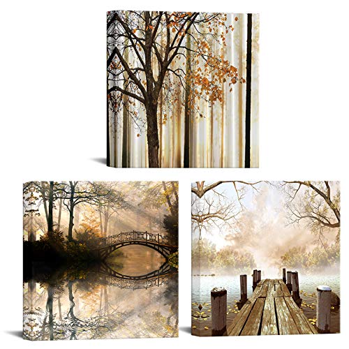 iKNOW FOTO 3Pieces Forest Tree Canvas Wall art Bridge Over Lake Painting Autumn Tree Forest Nature Landscape in Park Modern Picture Print On Canvas Artwork for Home Office Decoration 12x12inchx3pcs