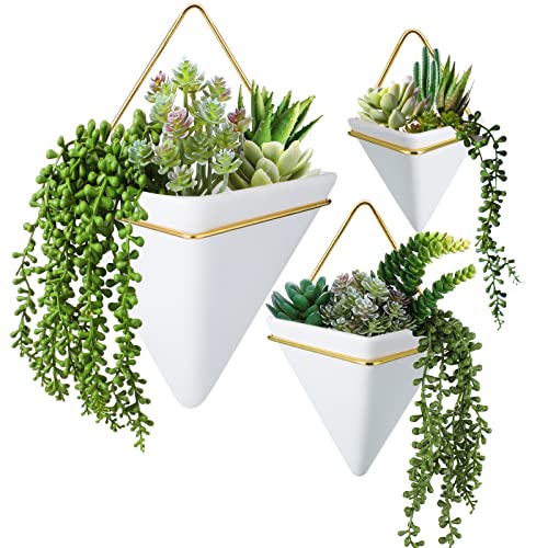 Indoor Hanging Wall Planters with Artificial Plants and Geometric Vase Pot