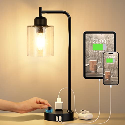 Industrial Bedside Table Lamp with USB Ports and Outlets
