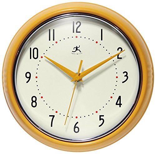 Infinity Instruments LTD. Retro 9 inch Silent Sweep Non-Ticking Mid Century Modern Kitchen Diner Wall Clock Quartz Movement Retro Wall Clock Decorative (Saffron Yellow)