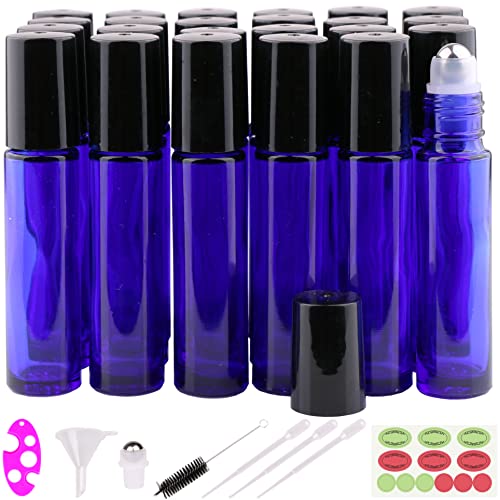 inice Roller Bottles for Oils, 24 Count Roll On Ball Bottles for Essential Oils Cobalt Blue Glass 10ml with Big Stainless Steel Roller Balls