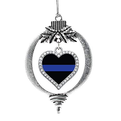 Inspired Silver - Thin Blue Line - Police Support Charm Ornament - Silver Open Heart Charm Holiday Ornaments with Cubic Zirconia Jewelry