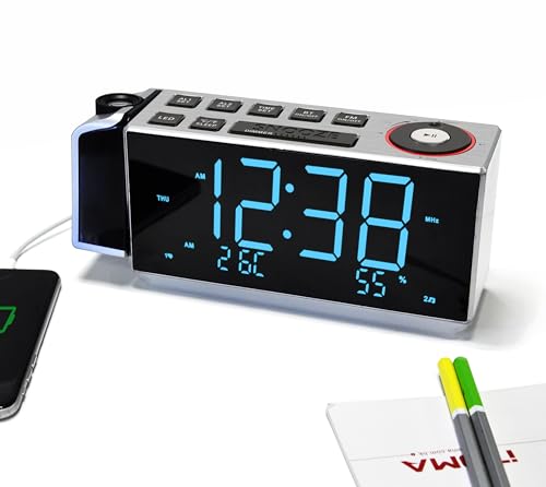 iTOMA Projection Alarm Clock with FM Radio, Bluetooth, Temperature & Humidity Display, Dual Alarm, Snooze, USB Charging, Night Light and Dimmer Control CKS509