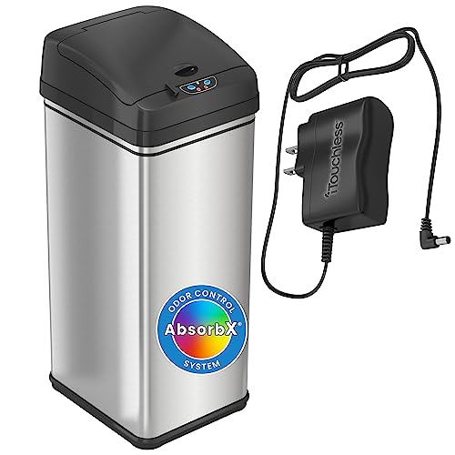 iTouchless 13 Gallon Sensor Trash Can Battery-Free Automatic Bin with Odor Filter, for Kitchen and Office, Black and Stainless Steel, Ac Adapter