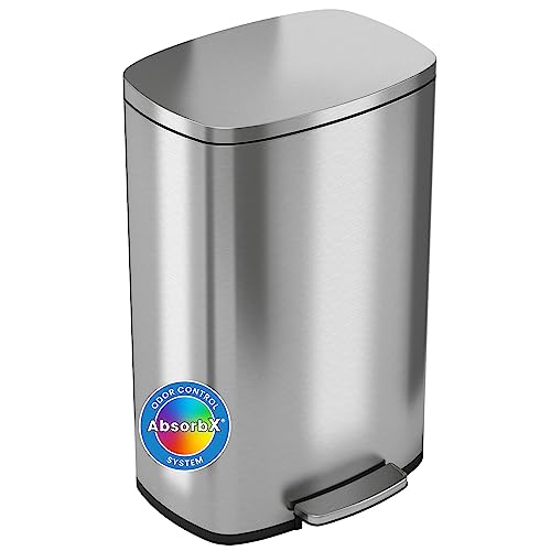 iTouchless SoftStep 13.2 Gallon Step Trash Can with Odor Filter & Removable Inner Bucket, 50 Liter Garbage Bin for Kitchen or Office, Silver 13 Gal Stainless Steel
