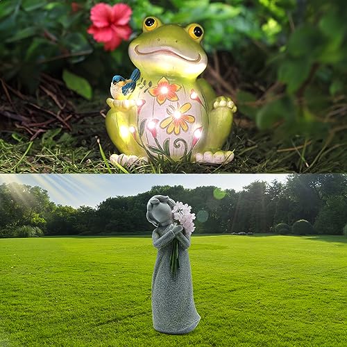 IVCOOLE Outdoor Frog Sculpture Fairy Sculpture with Solar Lights