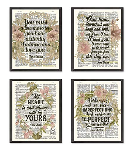 Jane Austen Quote Wall Art Prints, Set of 4, Unframed, Vintage Highlighted Dictionary Page floral Wall Art Decor Poster Sign, 8x10