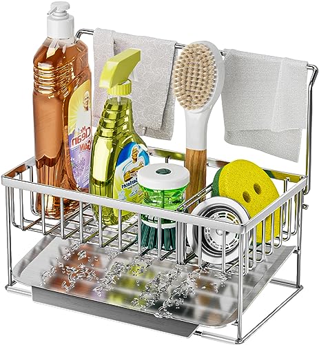 Consumest Sink Caddy Kitchen Sink Organizer, Sponge Holder for Kitchen Sink  with Removable Drip Tray for Countertop Dish Soap Holder Dispenser Brush