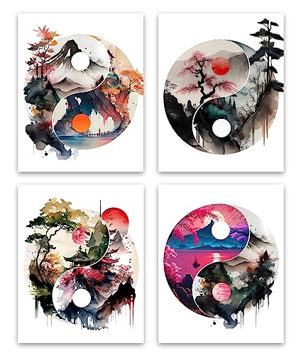 Japanese Landscape Canvas Wall Art Nature Landscape poster,Abstract Yin Yang Mountain Wall Art Modern Minimalist Asian Oriental Decor,Retro Japanese Poster for Bedroom,Living Room Decor Meditation Prints Set of 4 (8"x10" inch Unframed)