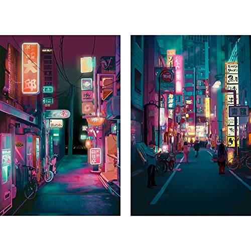 Japanese Print Artwork Set - Preppy Night City Wall Decor