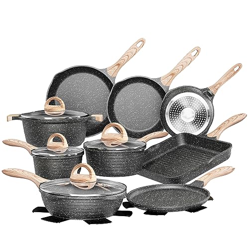 M MELENTA Granite Pots and Pans Set Ultra Nonstick, 11 Piece Die-Cast Cookware  Sets with