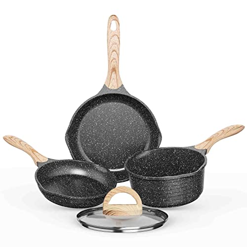 JEETEE Pots and Pans Set Nonstick, Induction Granite Coating Cookware Sets 4 Pieces with Frying Pan, Saucepan, PFOA Free