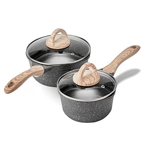 JEETEE Pots Nonstick, 1.5 Quart & 2.5 Quart Induction Granite Coating Saucepan Sets with Glass Lid & Pour Spout, PFOA Free (Grey, 4pcs Pots Set)