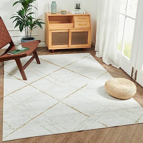 jinchan Area Rug 8x10 Modern Washable Rug Abstract Rug Geometric Grid Non Slip Accent Rug Thin Rug Outdoor Floor Cover Beige Lines Contemporary Soft Rug Carpet Kitchen Living Room Bedroom Dining Room